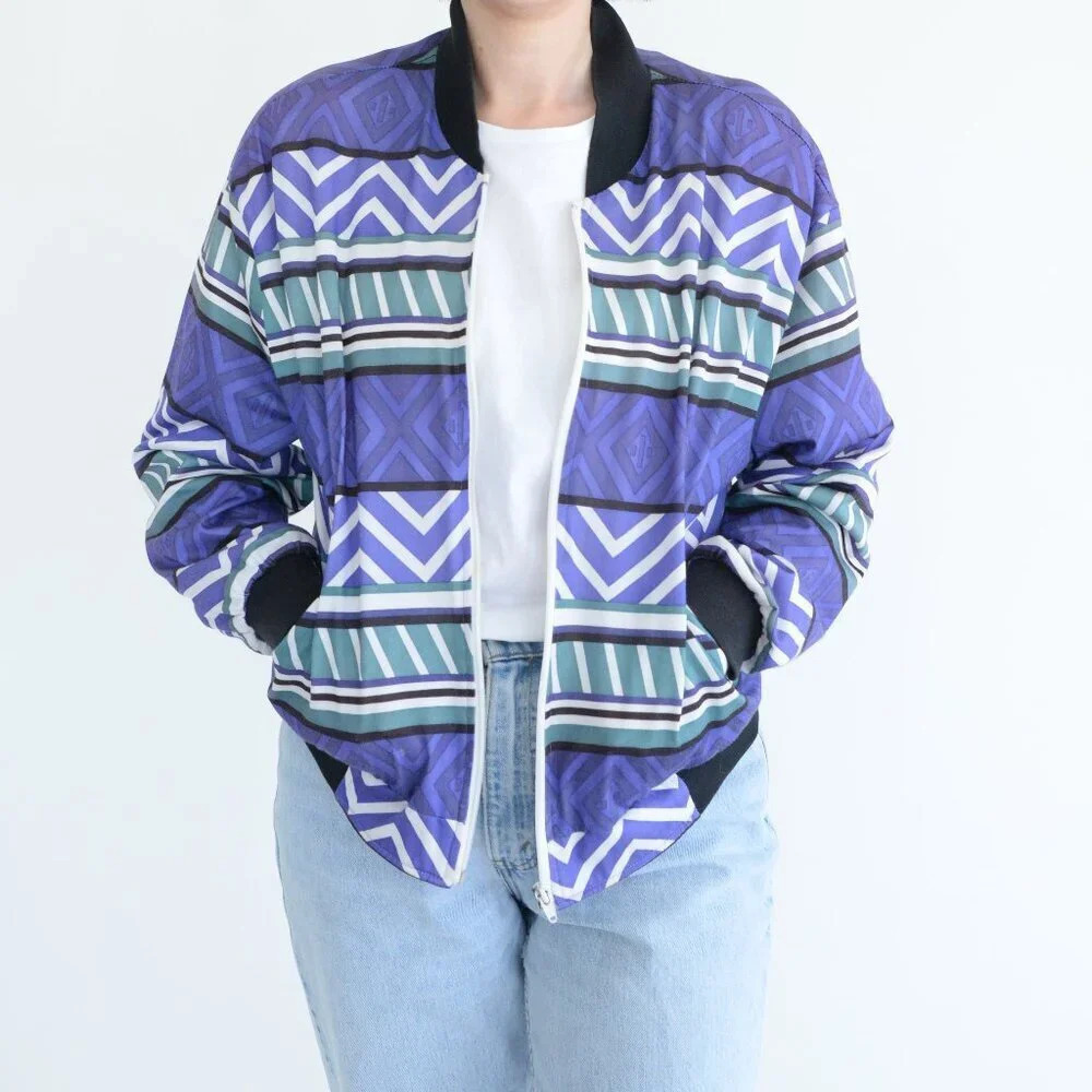 Vintage TanJay Purple Green Aztec Geometric Colourblock Zip Bomber Jacket M